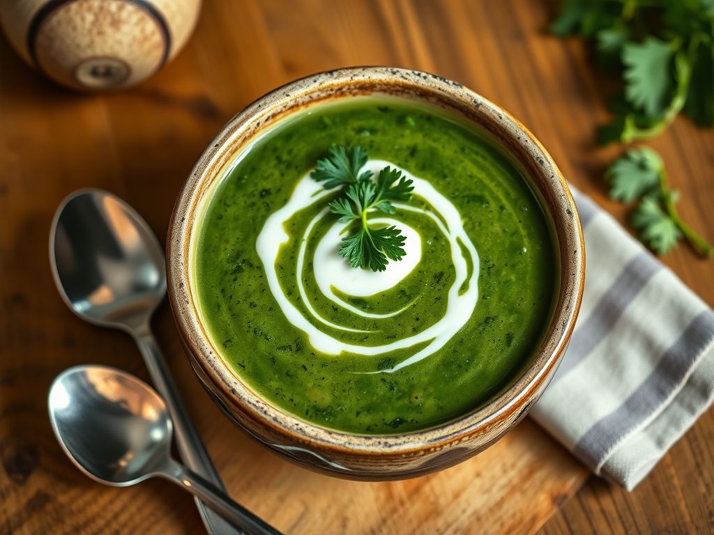 Uma sopa cremosa de espinafre com batata servida em uma tigela rústica.