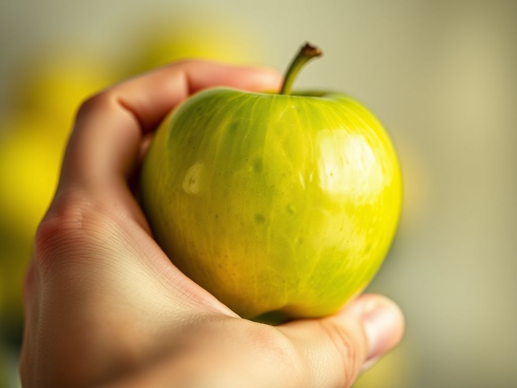Uma mão segurando uma maçã verde crocante, destacando a cor e a textura da fruta.