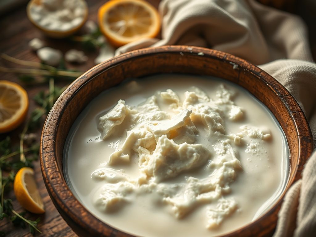 Queijo cottage caseiro de leite de cabra sendo preparado em uma cozinha.
