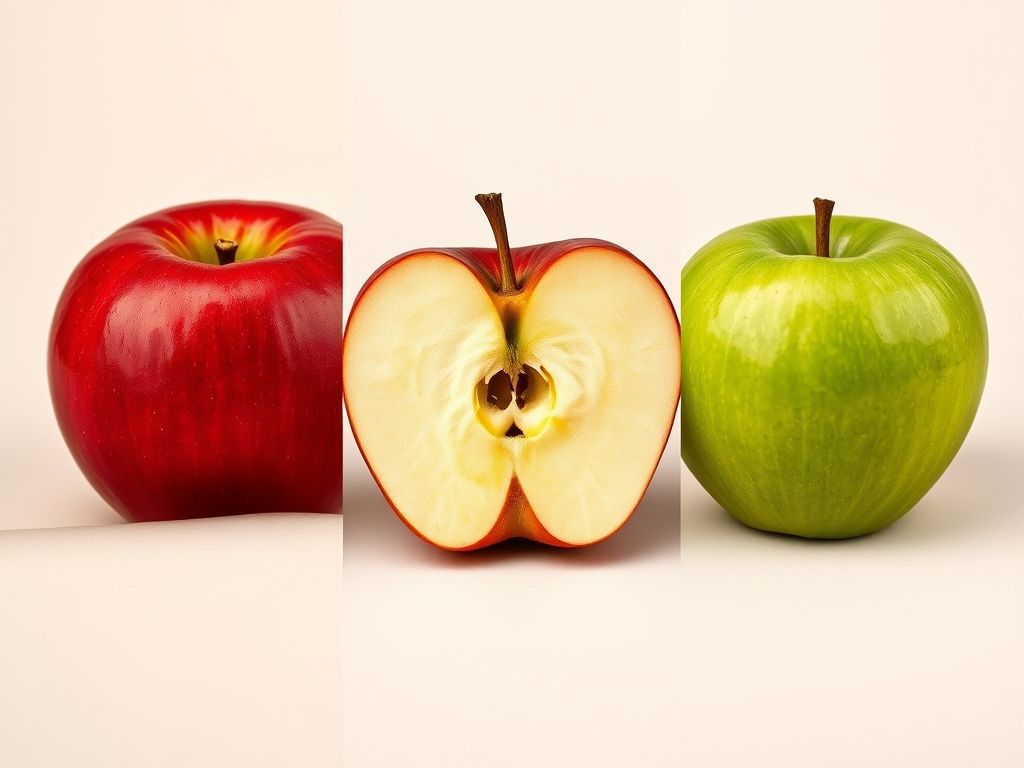 Uma colagem mostrando três tipos diferentes de maçãs: Fuji, Gala e Granny Smith, destacando suas cores e texturas.