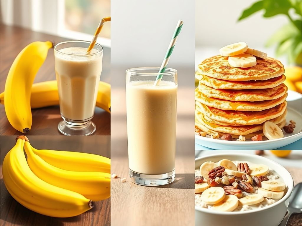 Colagem de ideias de café da manhã com banana: smoothie, panquecas, mingau e torrada.