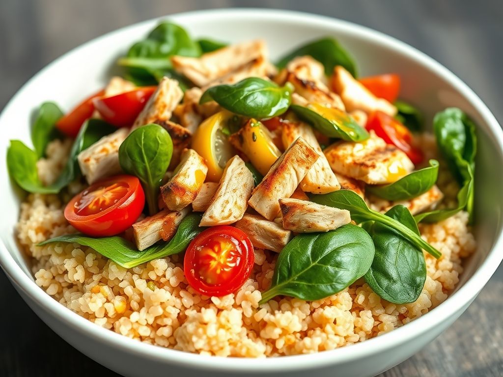 Uma salada refrescante de quinoa com espinafre, frango e tomate cereja.