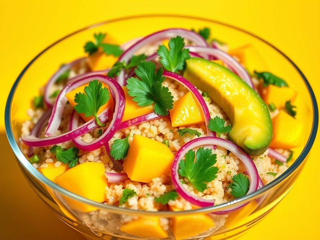 Salada colorida e vibrante feita com quinoa, manga, abacate, cebola roxa e coentro, temperada com vinagrete de limão.