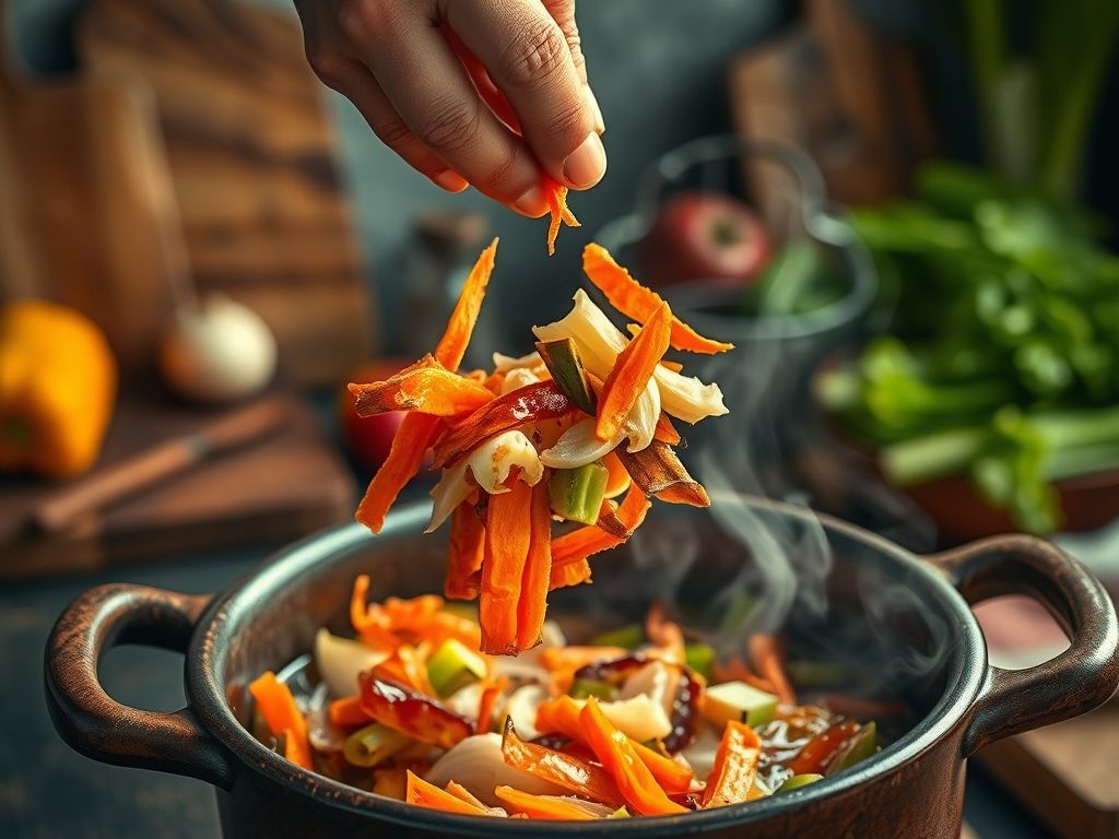 Imagem criativa mostrando o reaproveitamento de restos de alimentos em um caldo saboroso.