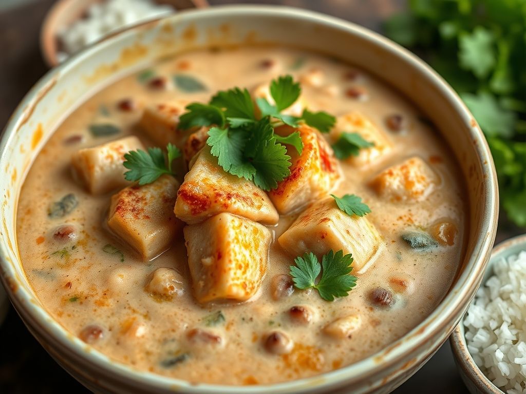 Uma tigela deliciosa de Bobó de Camarão, decorada com coentro fresco, servida com arroz branco.