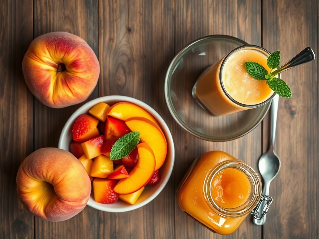 Foto mostrando diversas formas de consumir pêssego: fruta fresca, salada de frutas, smoothie e geleia.