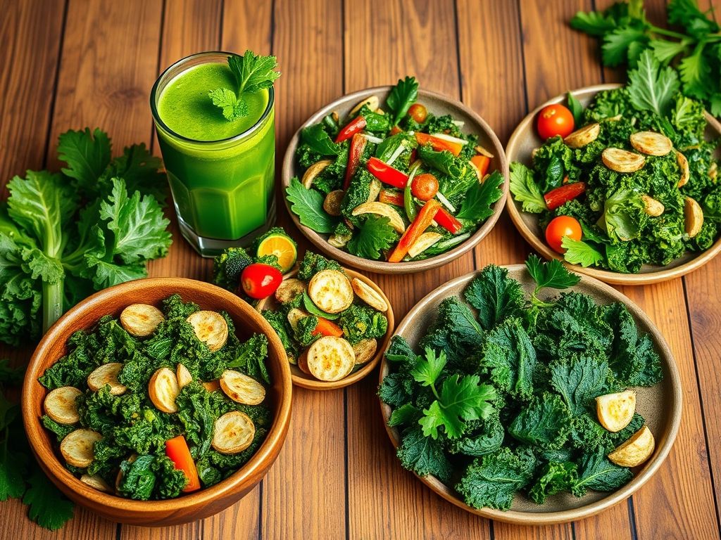 Fotografia apetitosa de várias receitas com couve: smoothie verde, salada de couve, couve refogada com alho e chips de couve.