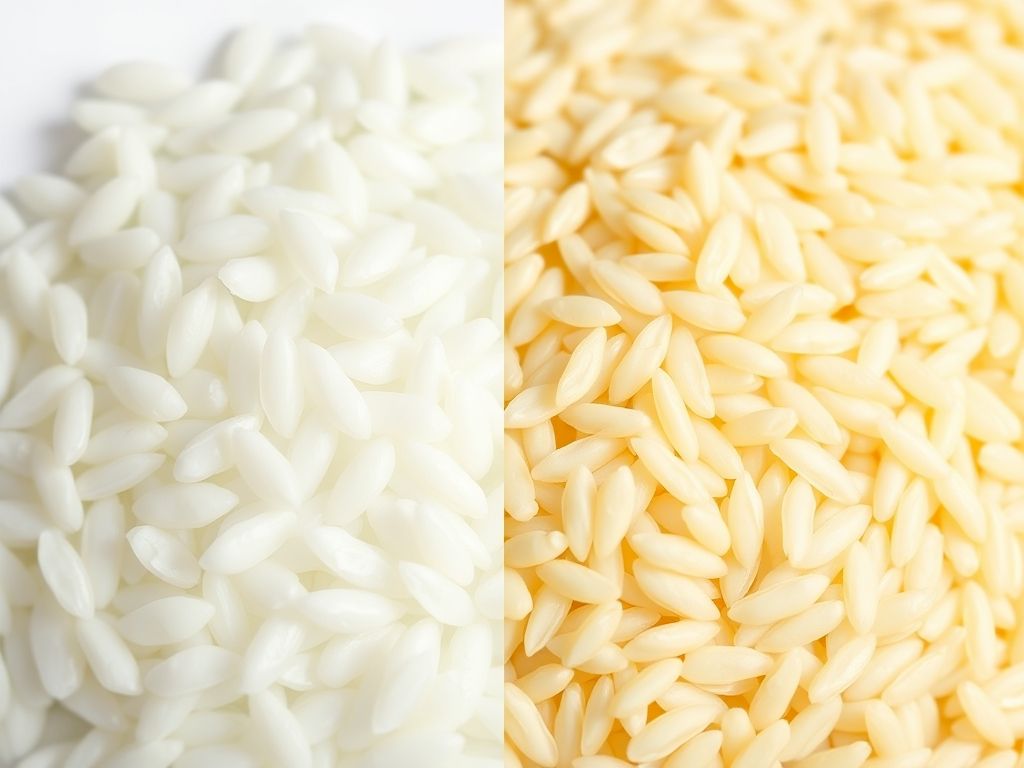 Comparação visual entre arroz branco cru e arroz parboilizado cru, mostrando as diferenças de cor.