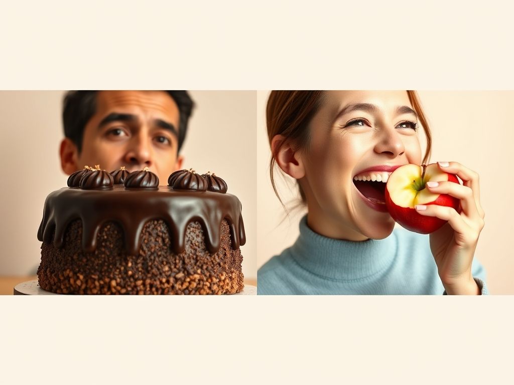 Imagem comparando uma pessoa desejando um bolo de chocolate e a mesma pessoa feliz comendo uma maçã, ilustrando uma escolha saudável.
