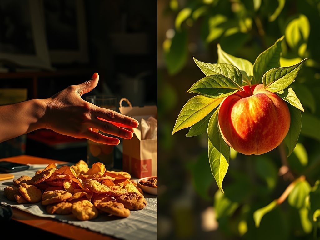 Comparação entre escolher snacks não saudáveis e escolher um pêssego fresco.