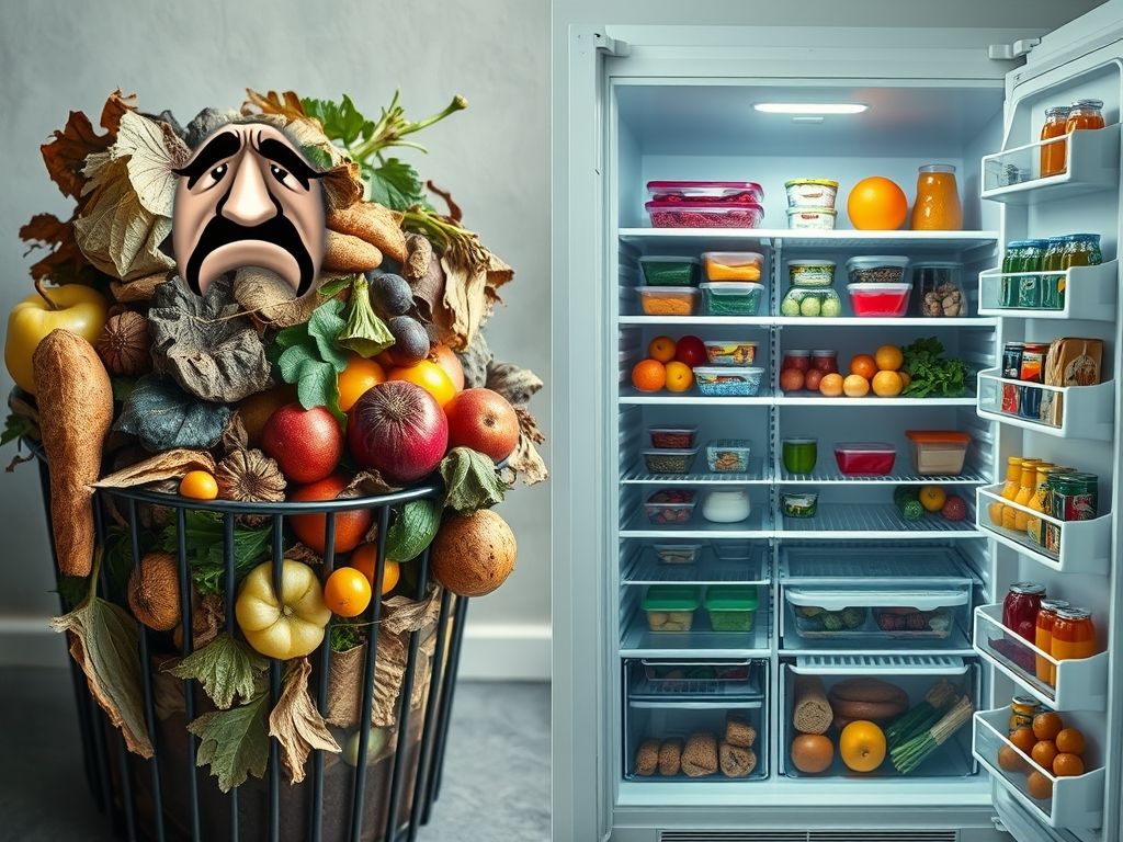 Comparativo visual entre o desperdício de alimentos e uma geladeira organizada.