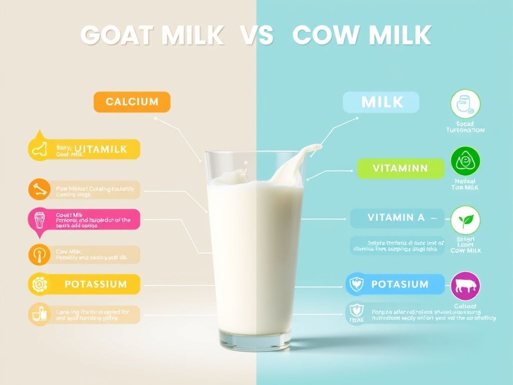 Infográfico comparando os valores nutricionais do leite de cabra e do leite de vaca.