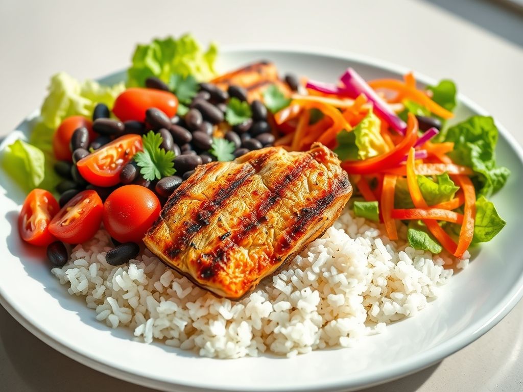 Um prato saudável e equilibrado com arroz parboilizado, feijão preto, frango grelhado e salada.