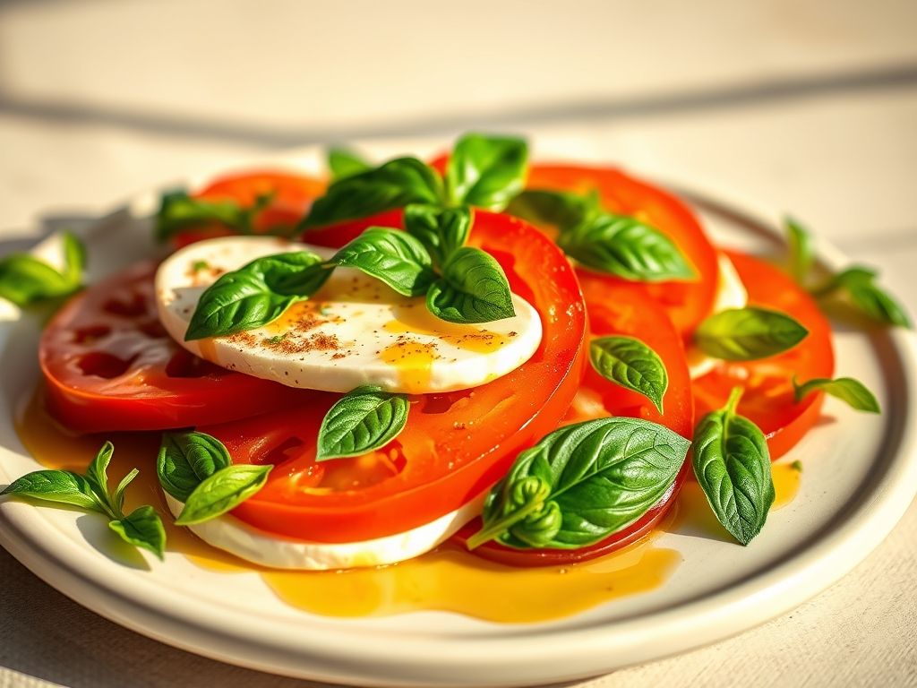 Salada Caprese com queijo minas frescal, tomates, manjericão e azeite.