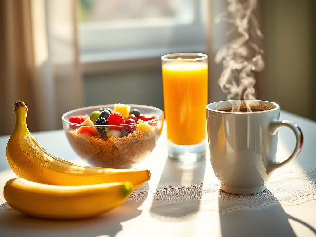Café da manhã nutritivo com banana, aveia, frutas vermelhas e suco de laranja.