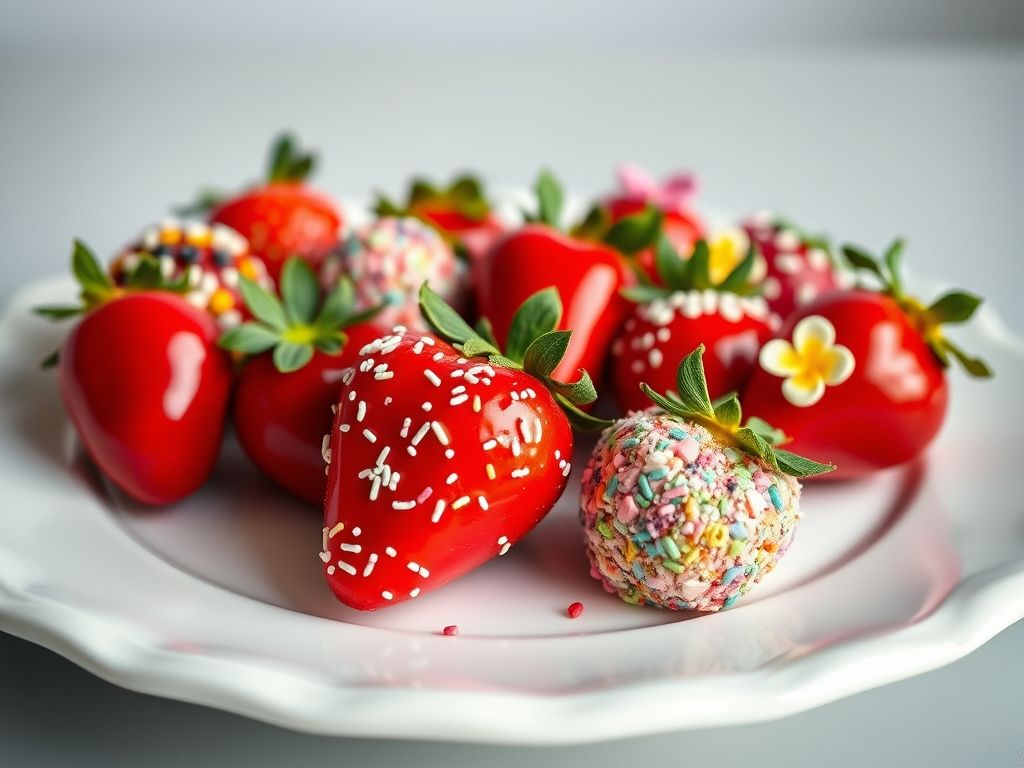 Diversos morangos do amor decorados com diferentes cores, confeitos, glitter comestível e chocolate derretido.