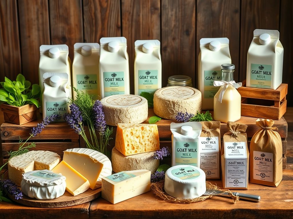 Variedade de produtos de leite de cabra disponíveis para compra, incluindo leite, queijo e iogurte.