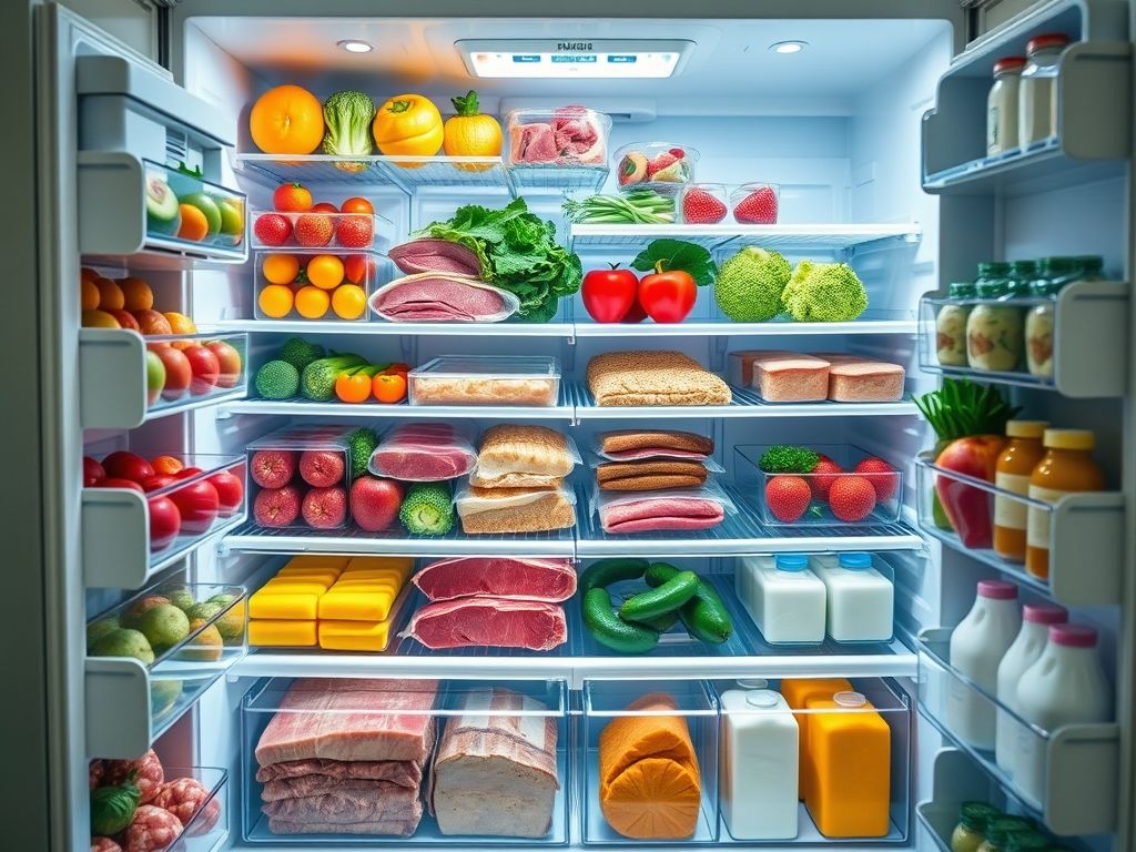 Geladeira bem organizada com alimentos armazenados corretamente em seus devidos lugares.