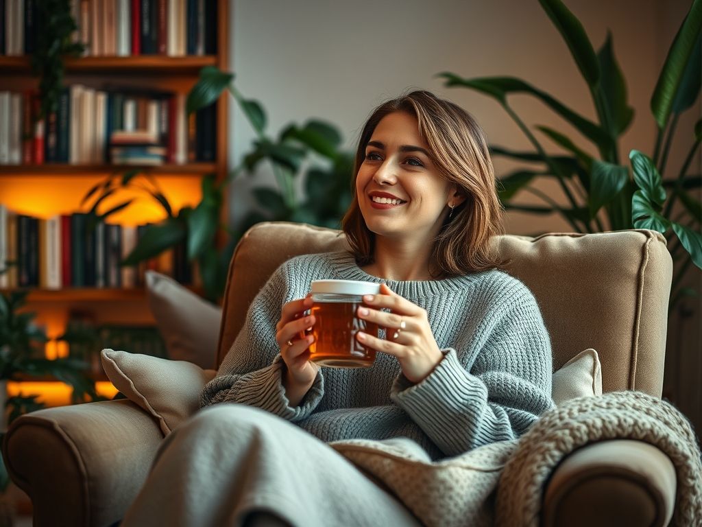 Mulher relaxada tomando chá de erva doce em uma poltrona confortável.