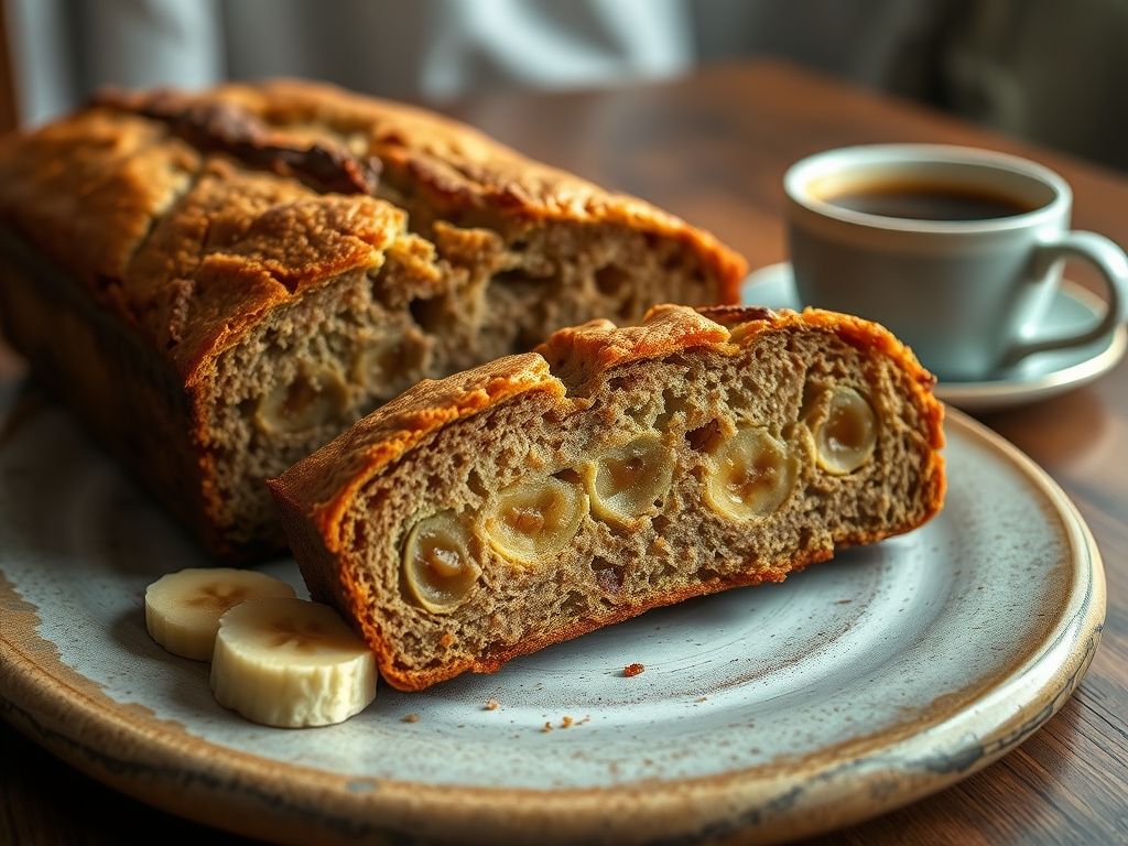 Bolo de banana integral fatiado e servido com café.