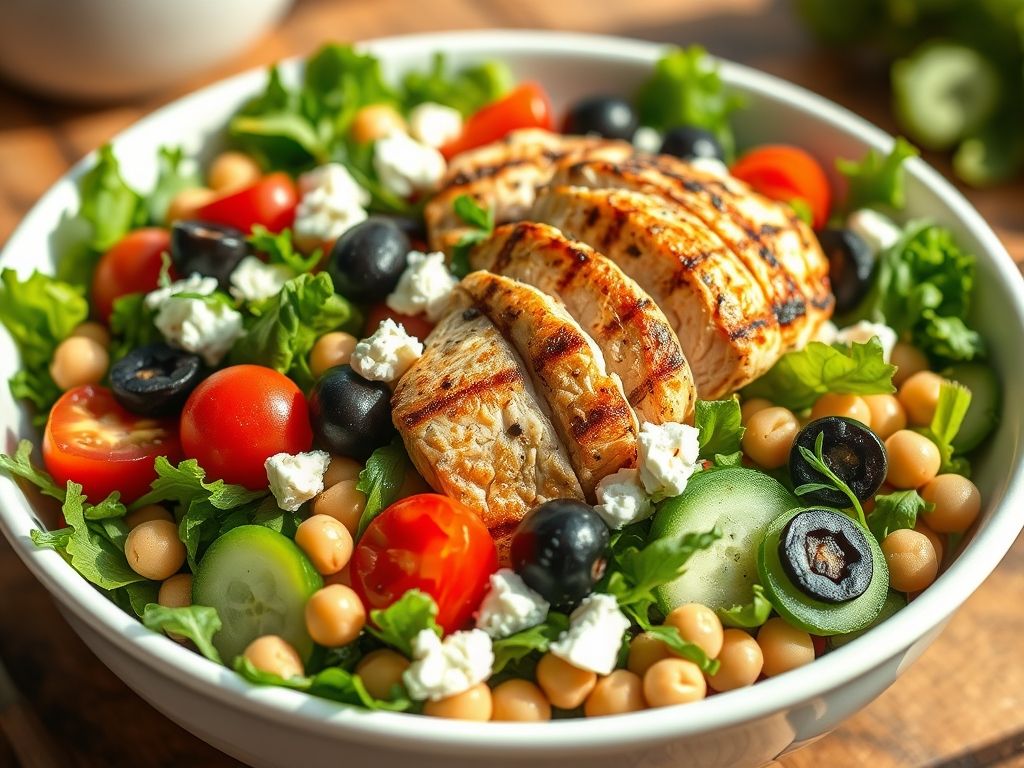 Close-up de uma salada mediterrânea com frango grelhado, queijo feta, grão de bico e vegetais frescos.