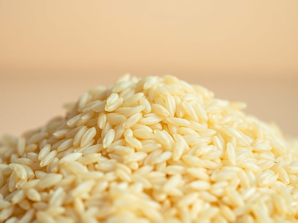 Grãos de arroz parboilizado crus, mostrando sua cor amarelada.