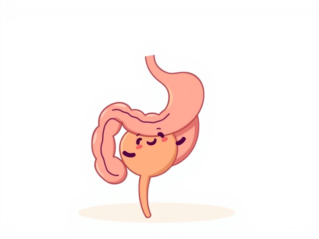 Ilustração do intestino sendo limpo por um pêssego sorridente.
