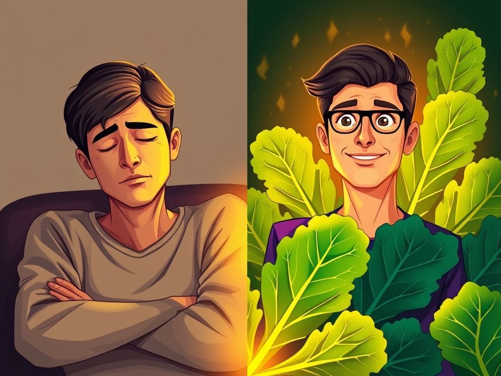 Ilustração comparando os benefícios de comer couve diariamente.