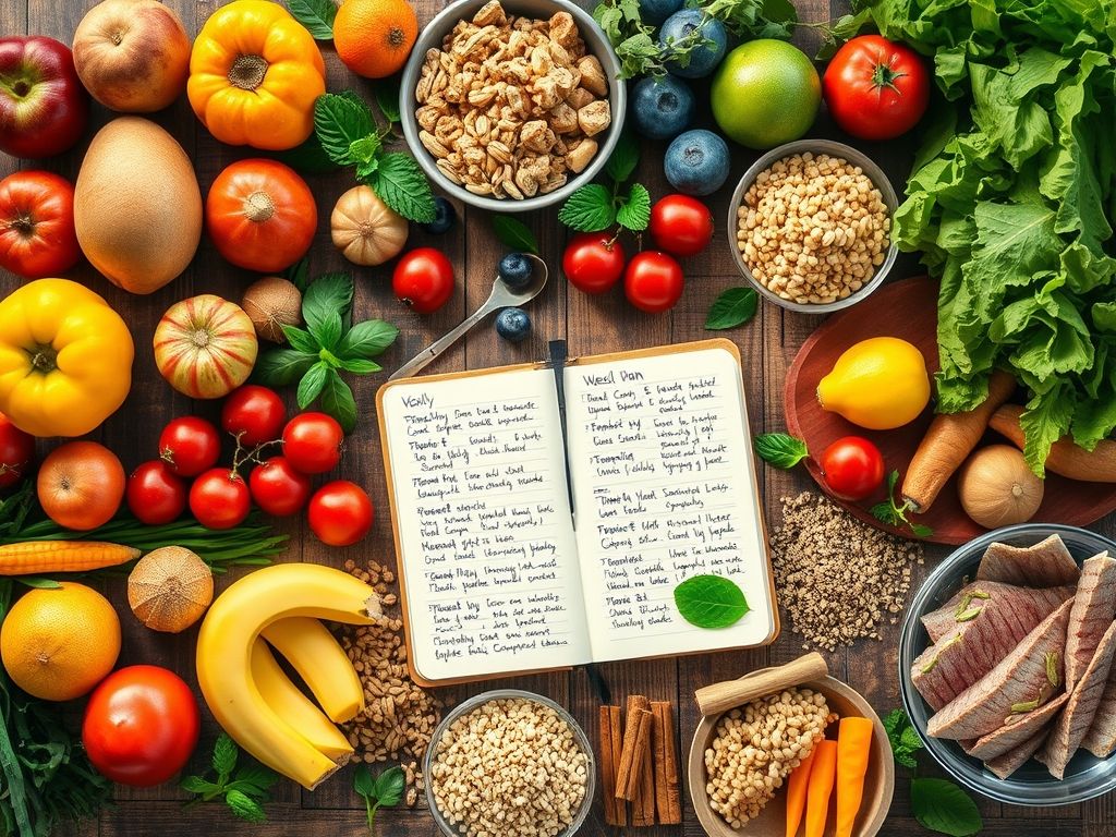 Imagem de um planejamento de refeições semanal com ingredientes frescos e lista de compras.