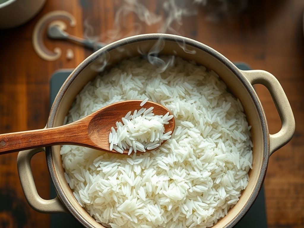 Arroz parboilizado cozido e soltinho em uma panela, com vapor e uma colher de pau.