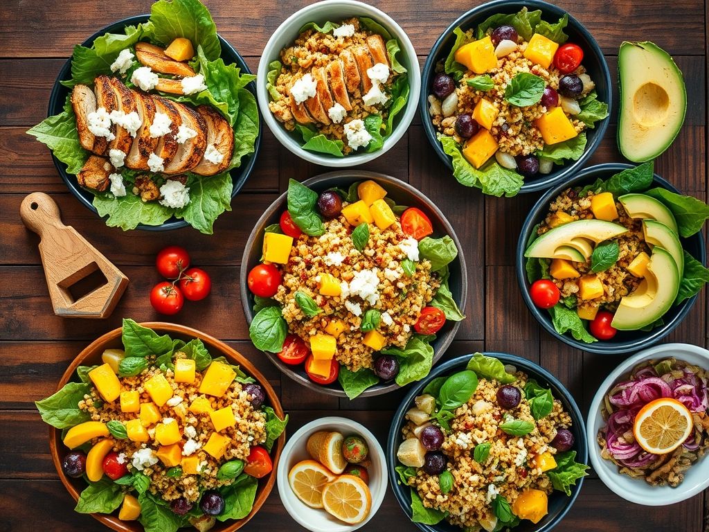 Visão de cima de uma variedade colorida e vibrante de saladas criativas, incluindo opções com frango grelhado, quinoa com manga e legumes assados.