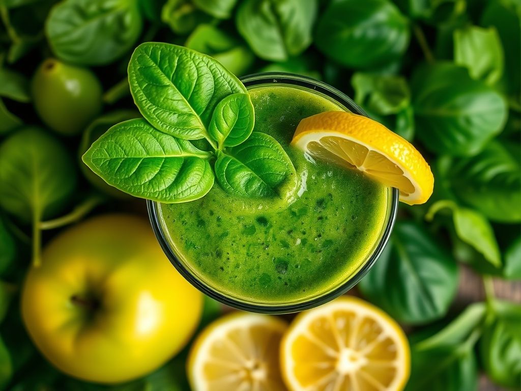 Um close-up de um suco verde vibrante com espinafre, maçã, limão e gengibre.