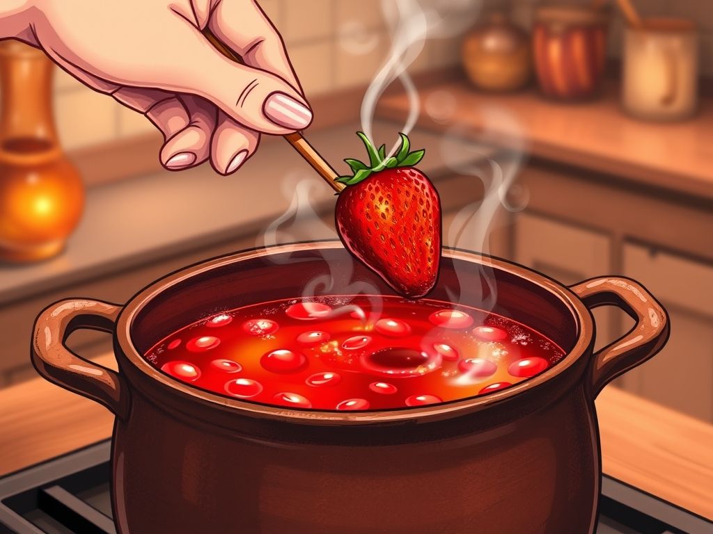 Ilustração passo a passo mostrando o morango sendo mergulhado na calda com um termômetro culinário indicando a temperatura correta.