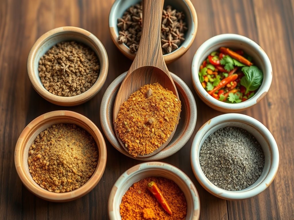 Vários potes pequenos contendo diferentes especiarias, como tempero baiano, cominho, coentro e colorau, dispostos em volta de uma colher de pau cheia de tempero baiano.